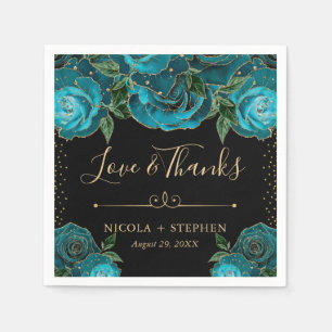 Watercolor Teal and Gold Glam Roses Wedding Napkin