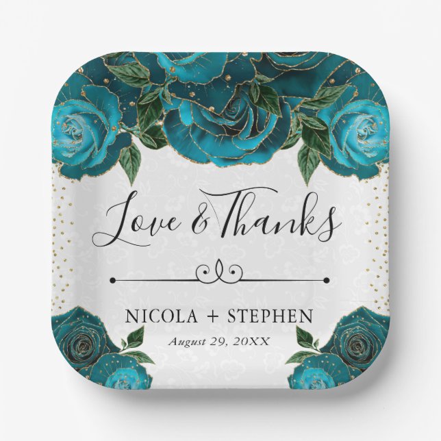 Watercolor Teal and Gold Glam Roses Wedding Paper Plate (Front)