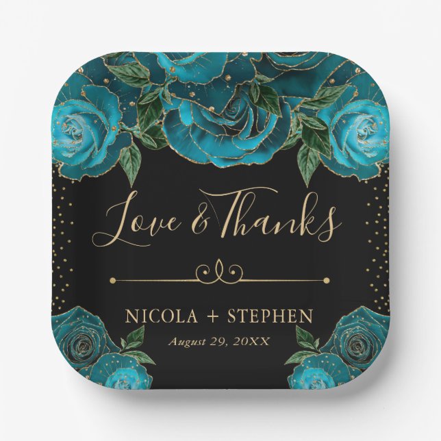 Watercolor Teal and Gold Glam Roses Wedding Paper Plate (Front)