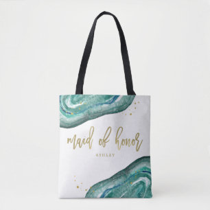 Watercolor Teal and Gold Look Geode Maid of Honour Tote Bag