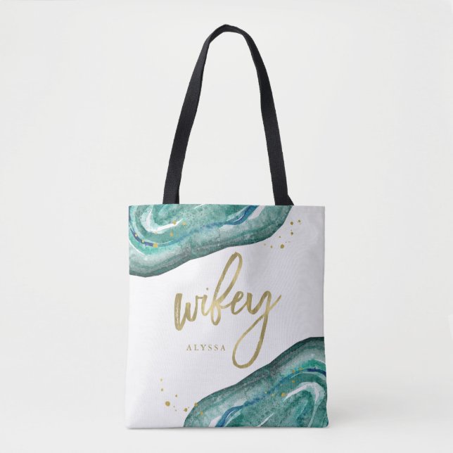 Watercolor Teal and Gold Look Geode | Wifey Tote Bag (Front)