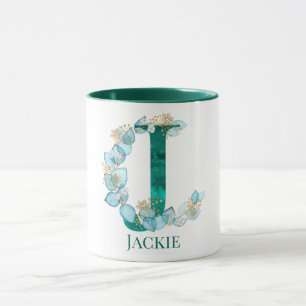 Watercolor Teal and Gold Monogram Letter J Mug