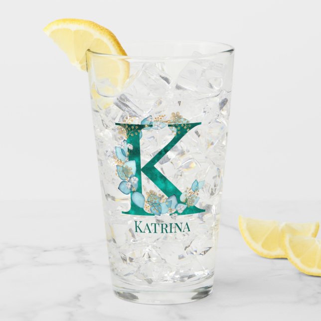 Watercolor Teal and Gold Monogram Letter K Glass (Front Ice)