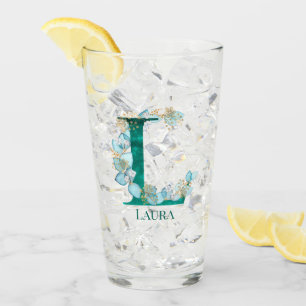 Watercolor Teal and Gold Monogram Letter L Glass
