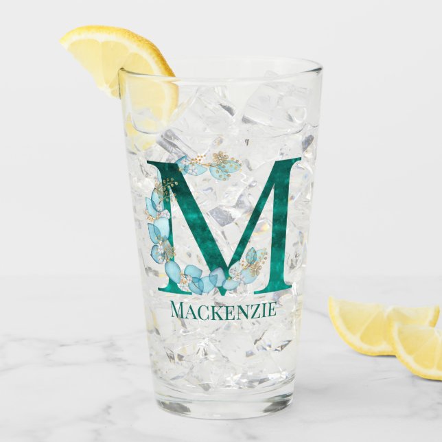 Watercolor Teal and Gold Monogram Letter M Glass (Front Ice)