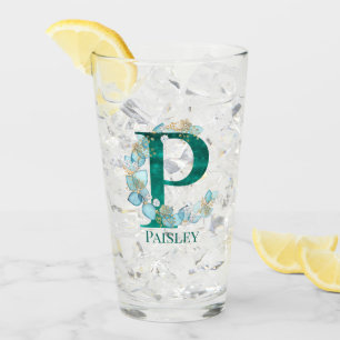 Watercolor Teal and Gold Monogram Letter P Glass