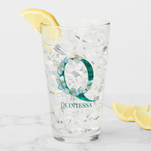 Watercolor Teal and Gold Monogram Letter Q Glass