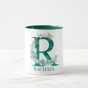 Watercolor Teal and Gold Monogram Letter R Mug