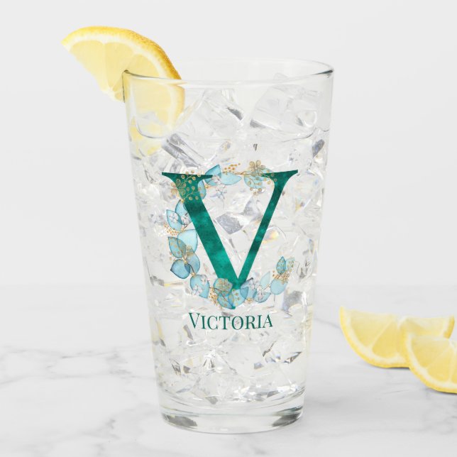 Watercolor Teal and Gold Monogram Letter V Glass (Front Ice)