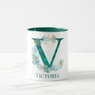 Watercolor Teal and Gold Monogram Letter V Mug