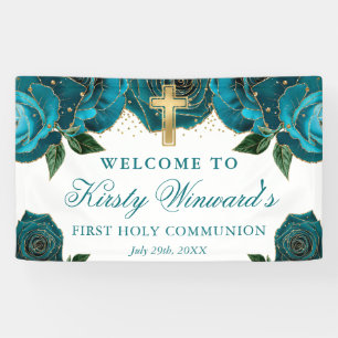 Watercolor Teal and Gold Roses 1st Communion Banner