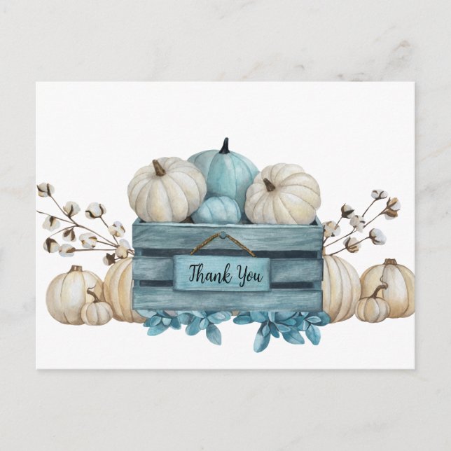 Watercolor Teal and Ivory Pumpkins Thank You Cards (Front)