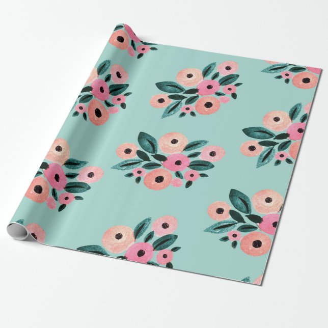 Watercolor Teal and Pink Floral Wrapping Paper (Unrolled)