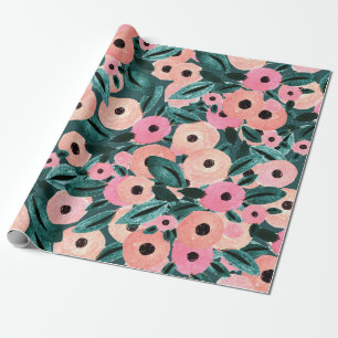 Watercolor Teal and Pink Floral Wrapping Paper