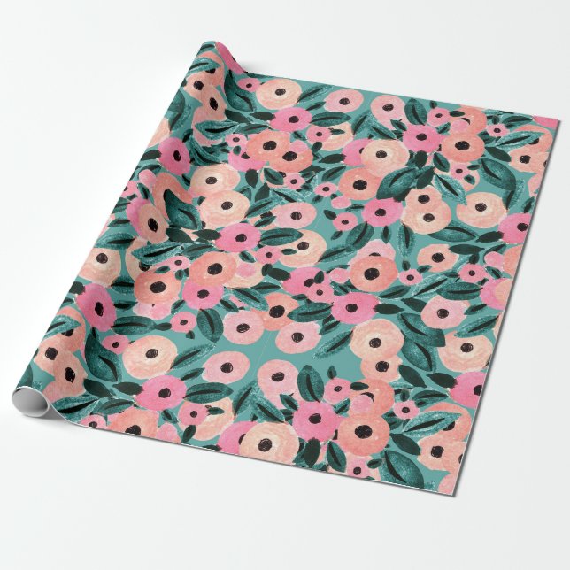 Watercolor Teal and Pink Floral Wrapping Paper (Unrolled)
