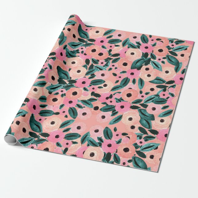 Watercolor Teal and Pink Floral Wrapping Paper (Unrolled)