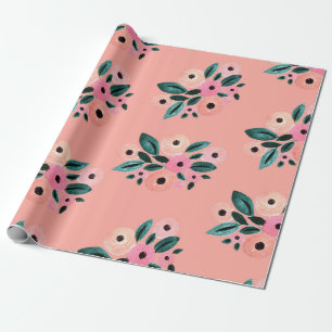 Watercolor Teal and Pink Floral Wrapping Paper