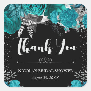 Watercolor Teal and Silver Flowers Bridal Shower Square Sticker