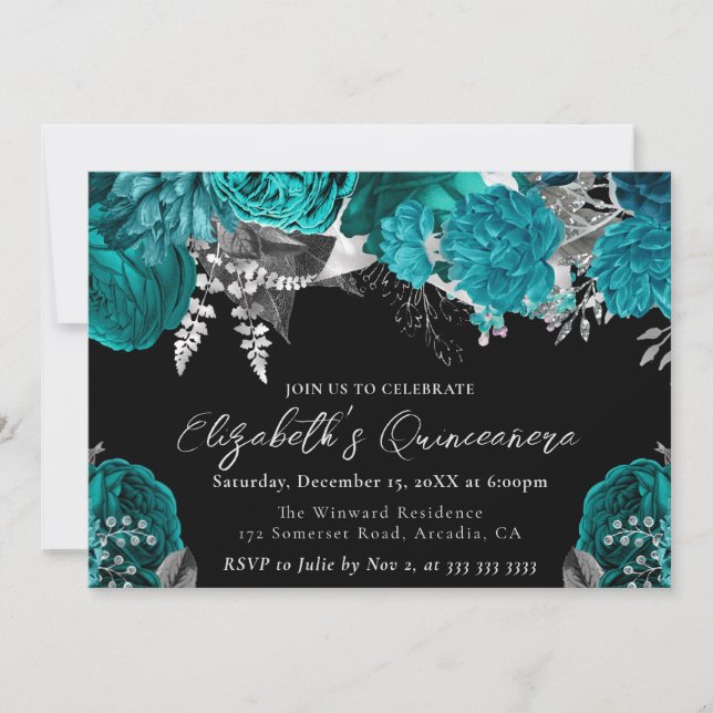 Watercolor Teal and Silver Roses Quinceanera Invitation (Front)