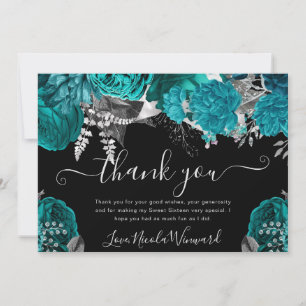Watercolor Teal and Silver Roses Sweet 16 Thank You Card