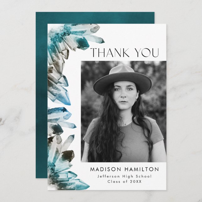 Watercolor Teal Blue Crystals Photo Graduation Thank You Card (Front/Back)