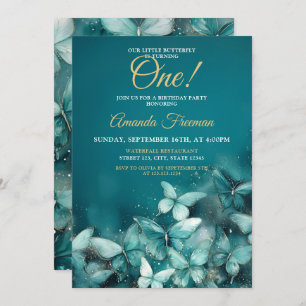 Watercolor Teal Butterflies Glitter 1st Birthday Invitation