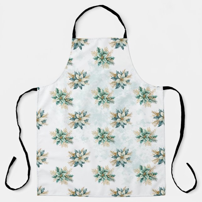 Watercolor Teal Floral Christmas Holiday Apron (Front)
