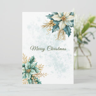 Watercolor Teal Floral Christmas Holiday Card