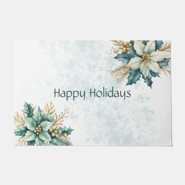 Watercolor Teal Floral Christmas Holiday Doormat (Front)