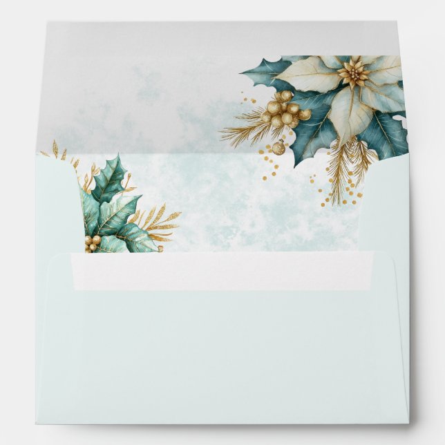 Watercolor Teal Floral Christmas Holiday Envelope (Back (Bottom))