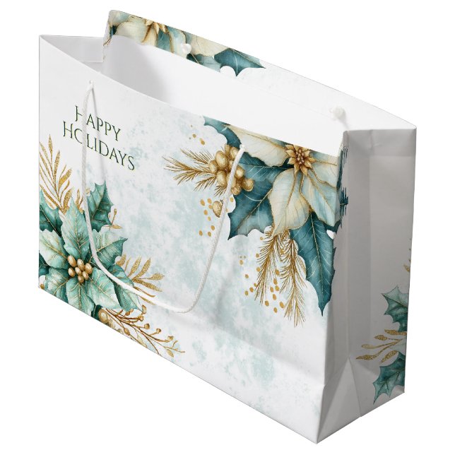 Watercolor Teal Floral Christmas Holiday Gift Bag (Front Angled)