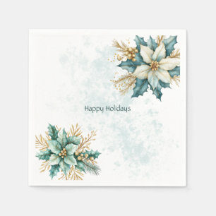 Watercolor Teal Floral Christmas Holiday Napkin