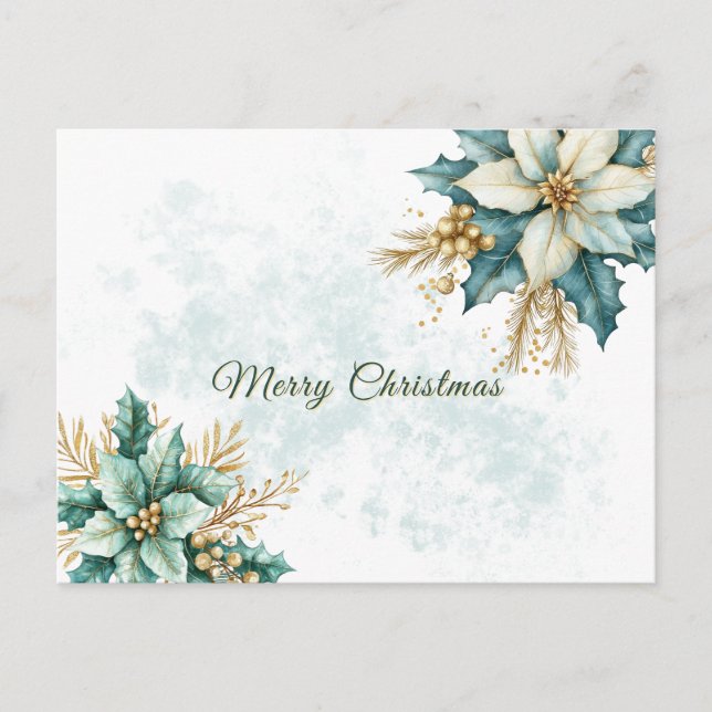 Watercolor Teal Floral Christmas Holiday Postcard (Front)