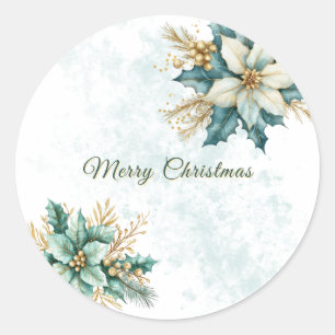 Watercolor Teal Floral Christmas Holiday Sticker