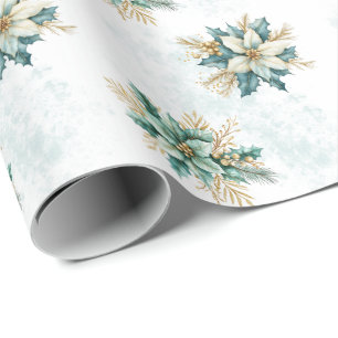 Watercolor Teal Floral Christmas Wrapping Paper