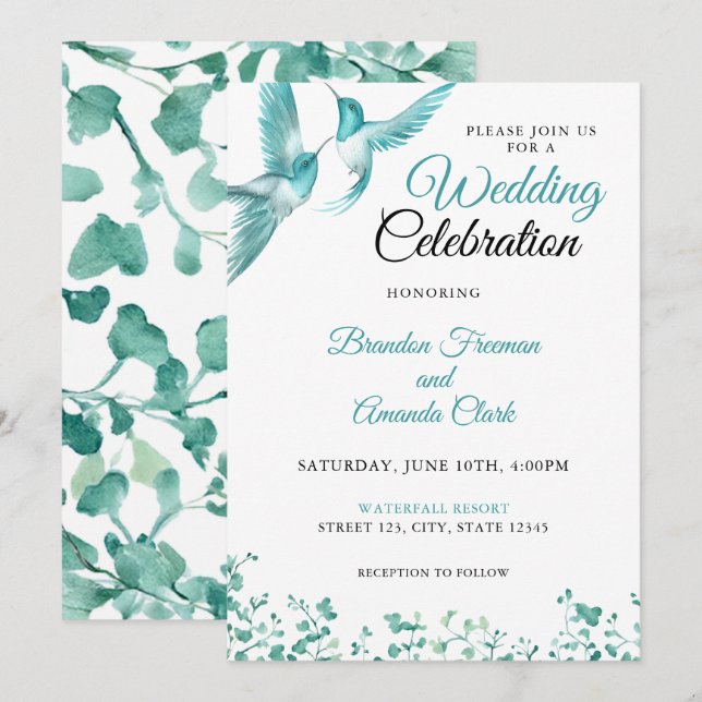 Watercolor Teal Floral Hummingbird Wedding Invitation (Front/Back)