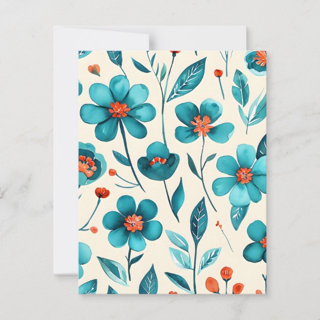 Watercolor Teal Flowers Holiday Card (Front)