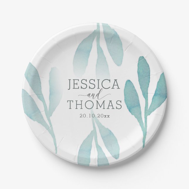Watercolor Teal Foliage Wedding Party Paper Plate (Front)