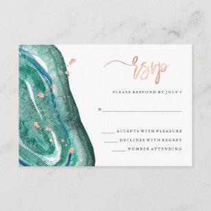 Watercolor Teal Geode and Faux Rose Gold RSVP Card