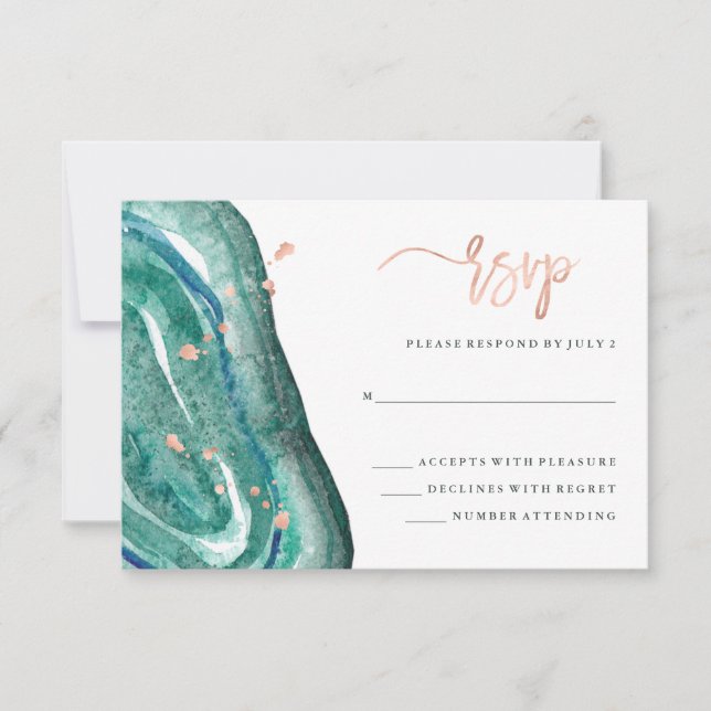 Watercolor Teal Geode and Faux Rose Gold RSVP Card (Front)