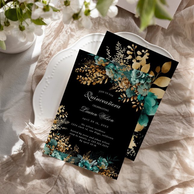 Watercolor Teal Gold Floral Quinceanera Invitation (Creator Uploaded)