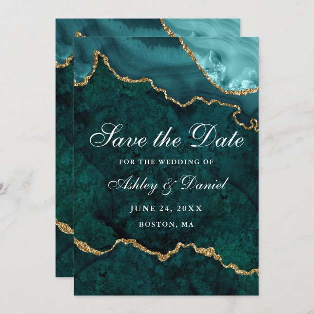 Watercolor Teal Gold Marble Agate Geode Save The Date (Front/Back)