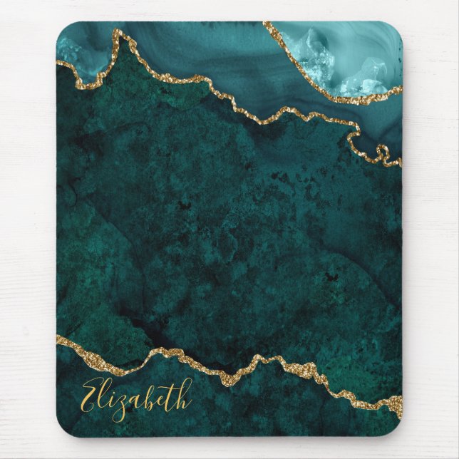 Watercolor Teal Gold Marble Geode Agate Mouse Mat (Front)