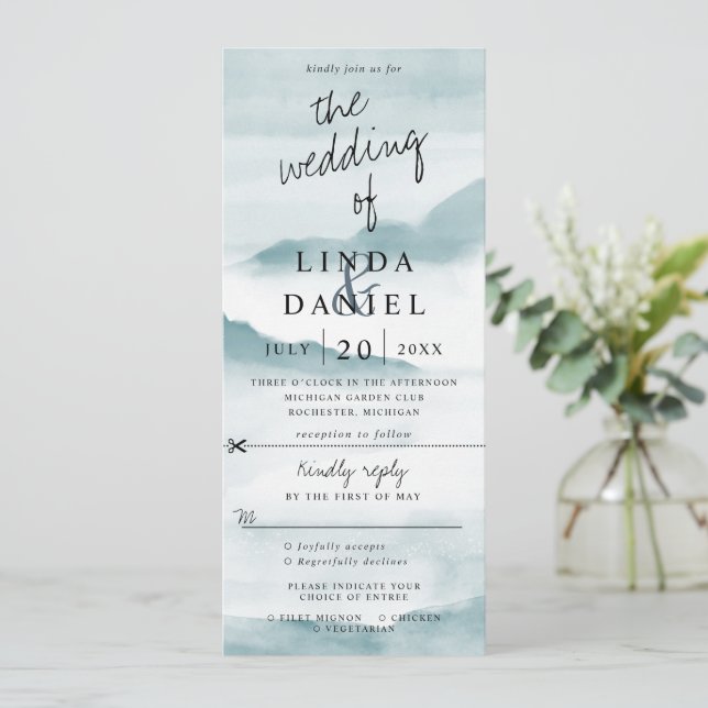 watercolor teal landscape wedding invite w rsvp (Standing Front)
