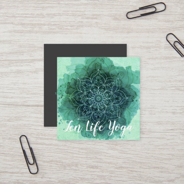 Watercolor Teal Lotus Floral Square Business Card (Front/Back In Situ)