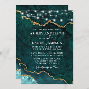Watercolor Teal Marble Agate Geode Lights Wedding Invitation