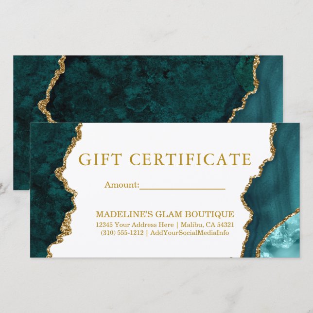 Watercolor Teal Marble Gold Gift Certificate (Front/Back)