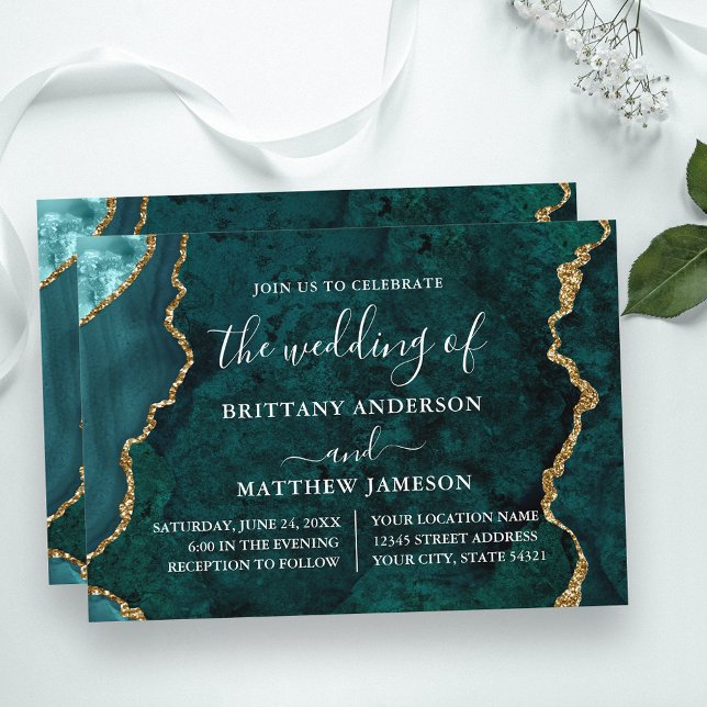 Watercolor Teal Marble Gold Wedding Invitation (Customize to change text size, text style or to add more text to back of card.)