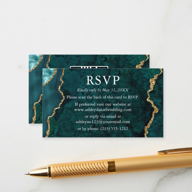 Watercolor Teal Marble Wedding RSVP QR Back Enclosure Card (Front/Back In Situ)