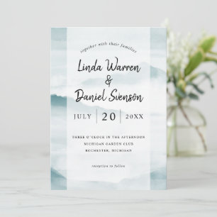 Watercolor teal misty landscape mountains invitation